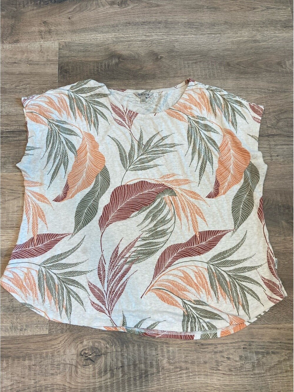 Orvis Linen Blend Womens Top XL Palm Leaf Tropical Shirt Scoop Neck Short Sleeve